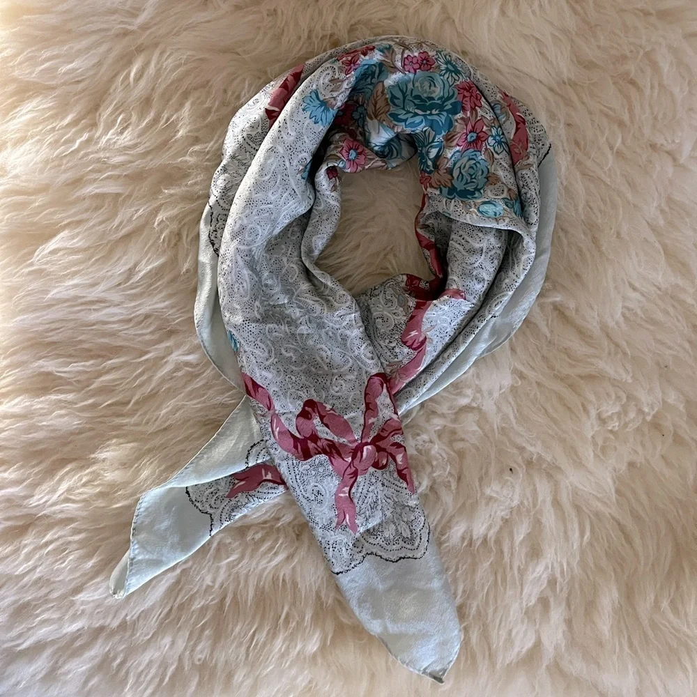 Silk Baby Blue Rose/ Pink Ribbon Paisley Scarf Vintage 80’s